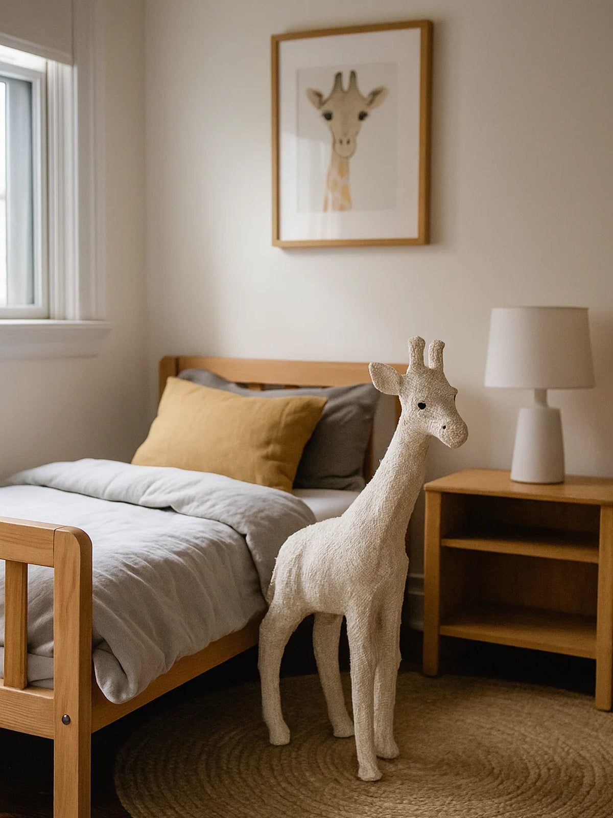 Figura jirafa blanca y dorada en papel mache y forrada de yute hecha a mano