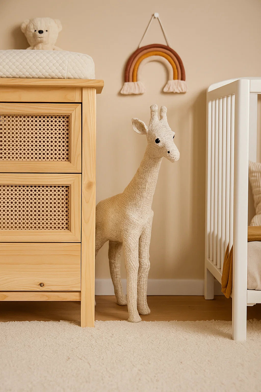 Figura jirafa blanca y dorada en papel mache y forrada de yute hecha a mano