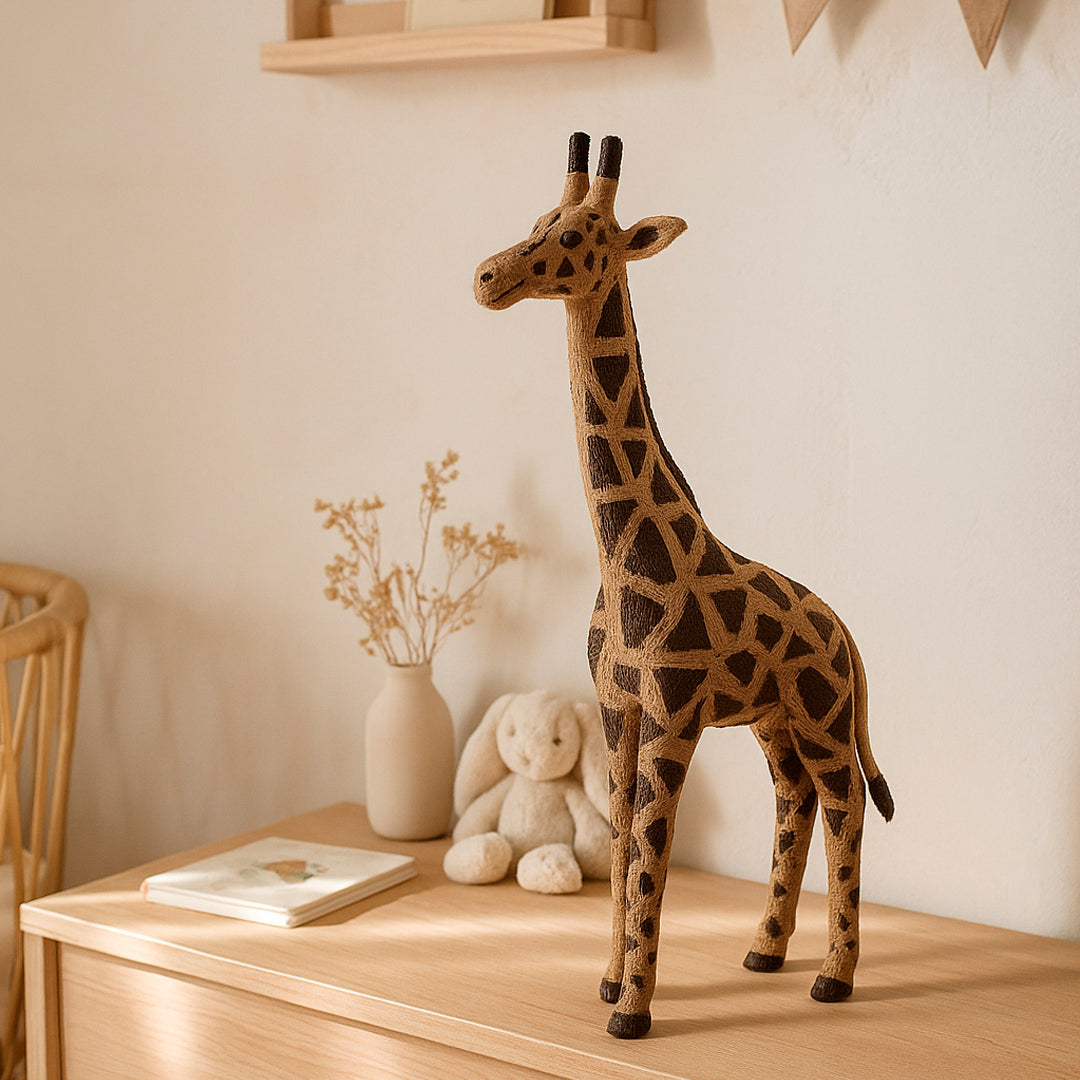 Figura jirafa natural en papel mache y forrada de yute con tintes naturales hecha a mano