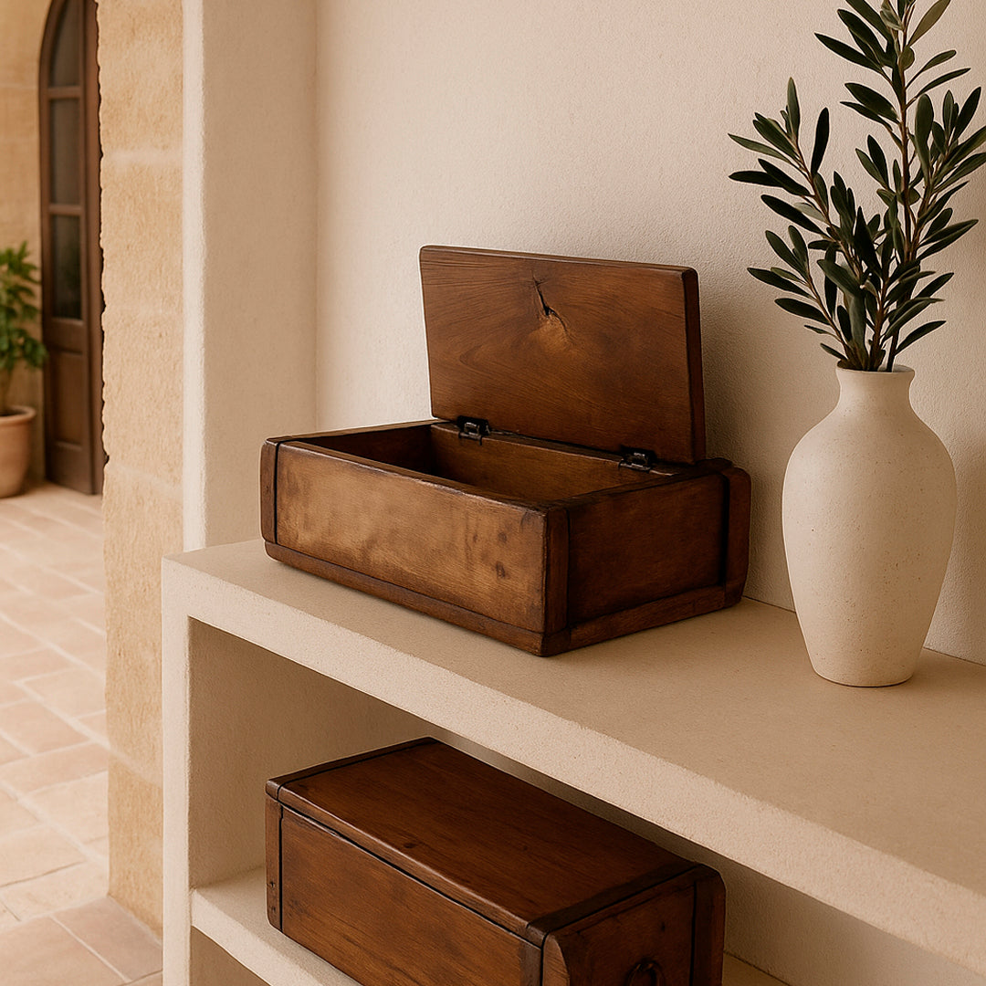 Caja cajón con tapa abatible de madera reciclada