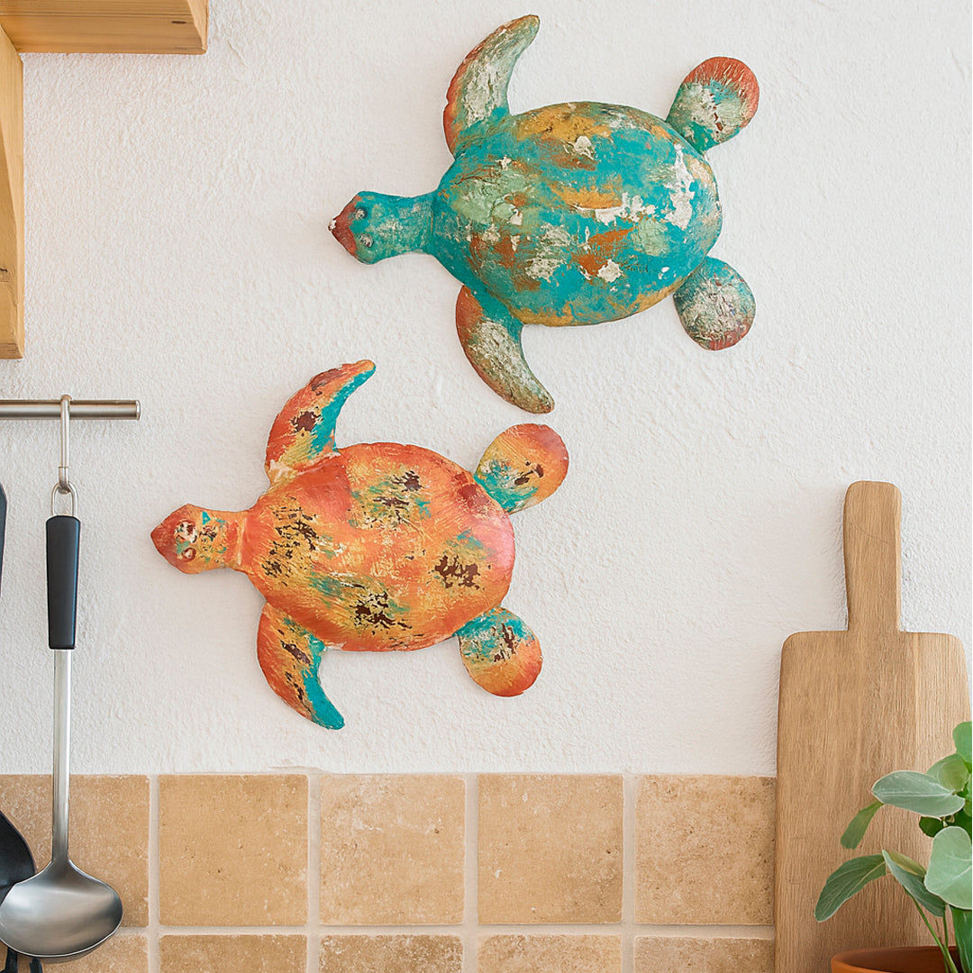 Tortuga de pared decoración de metal en naranja y turquesa efecto vintage