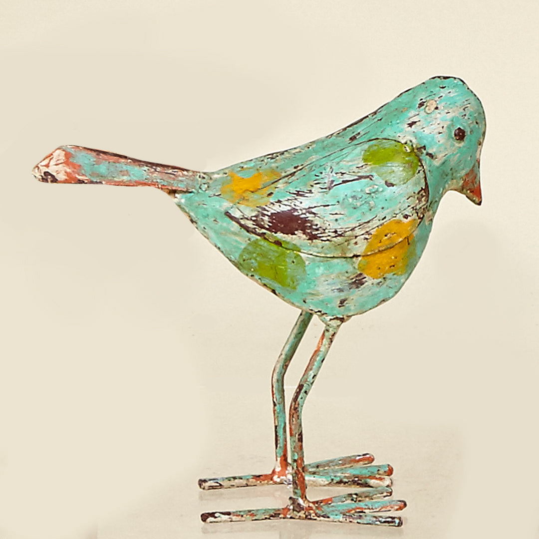 Pájaro de metal en naranja y turquesa efecto vintage