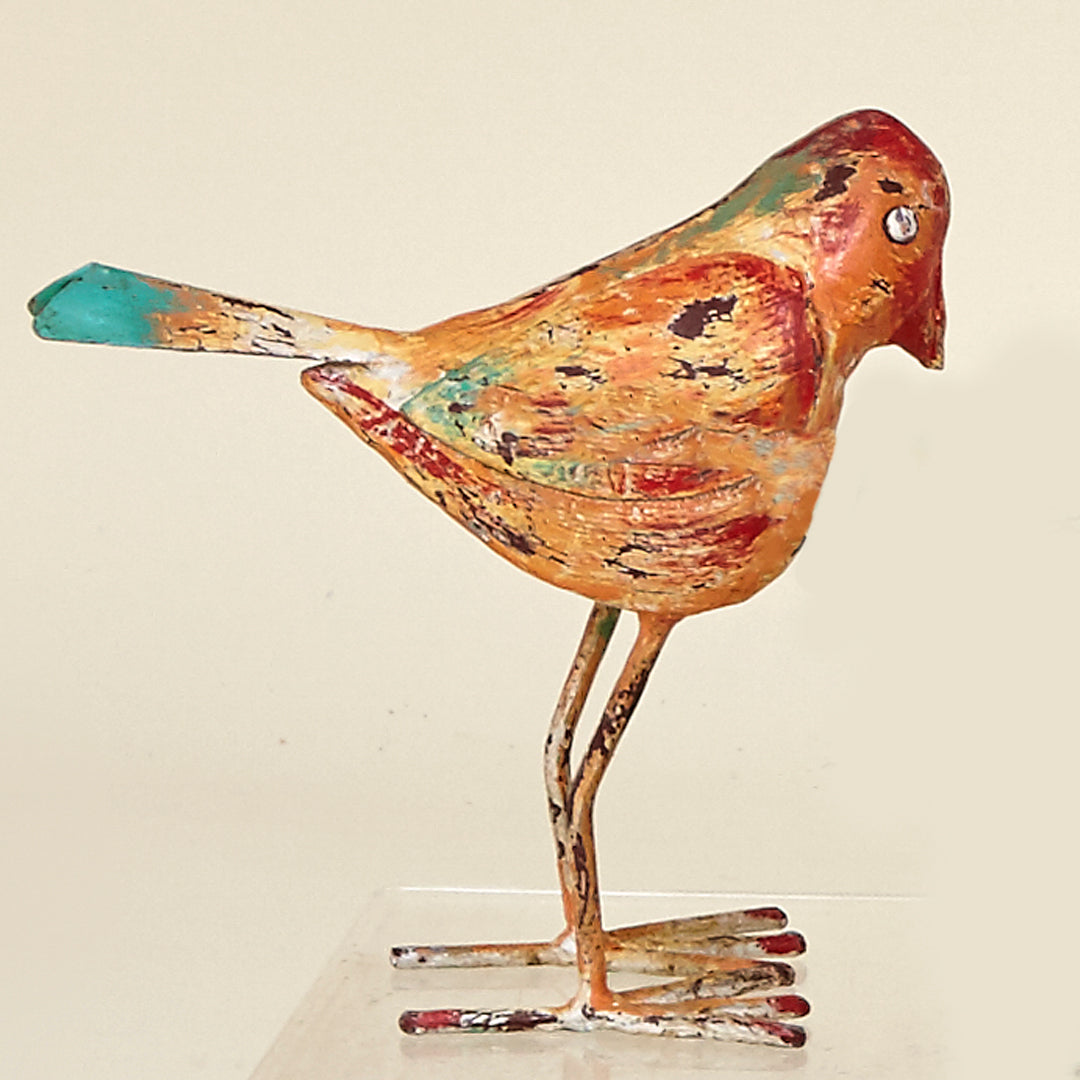 Pájaro de metal en naranja y turquesa efecto vintage