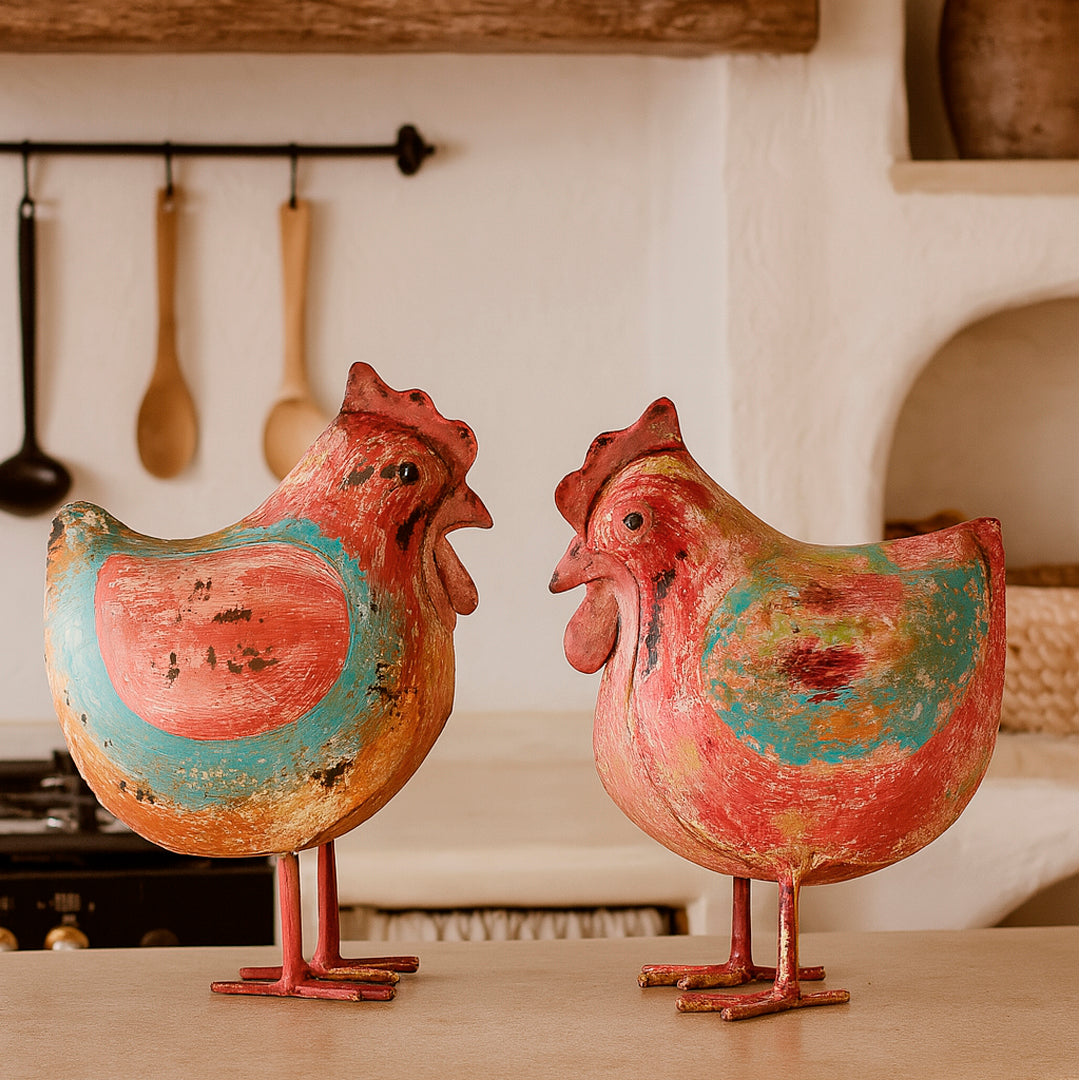 Gallina de metal roja y turquesa efecto vintage