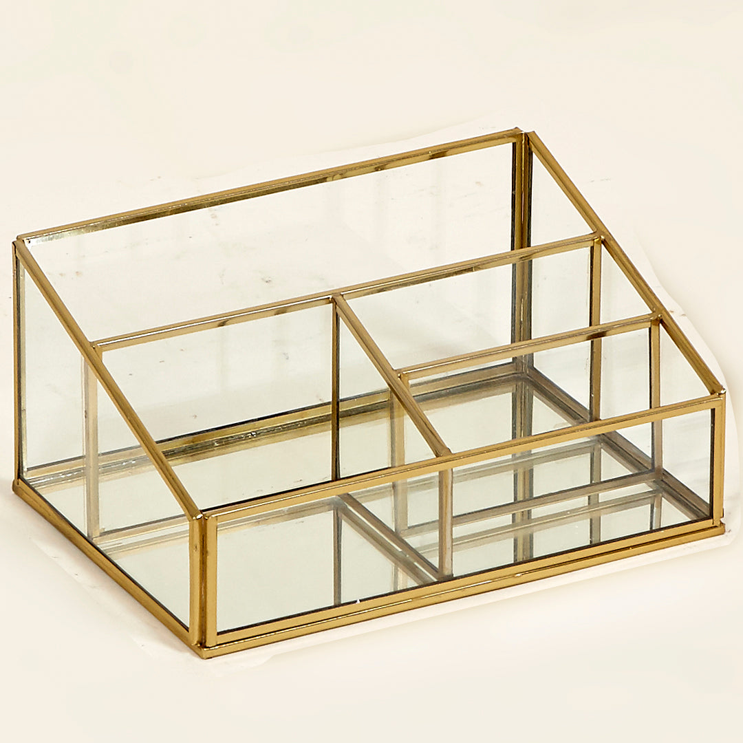 Joyero organizador de maquillaje dorado con espejo debajo