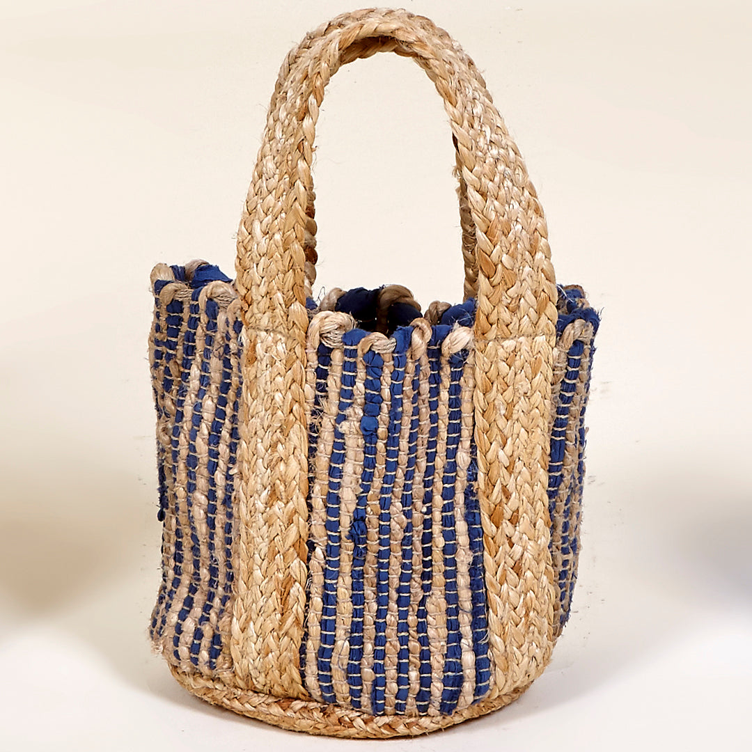 Cesta macetero Mediterráneo en algodón y asas de yute en color azul índigo y blanco