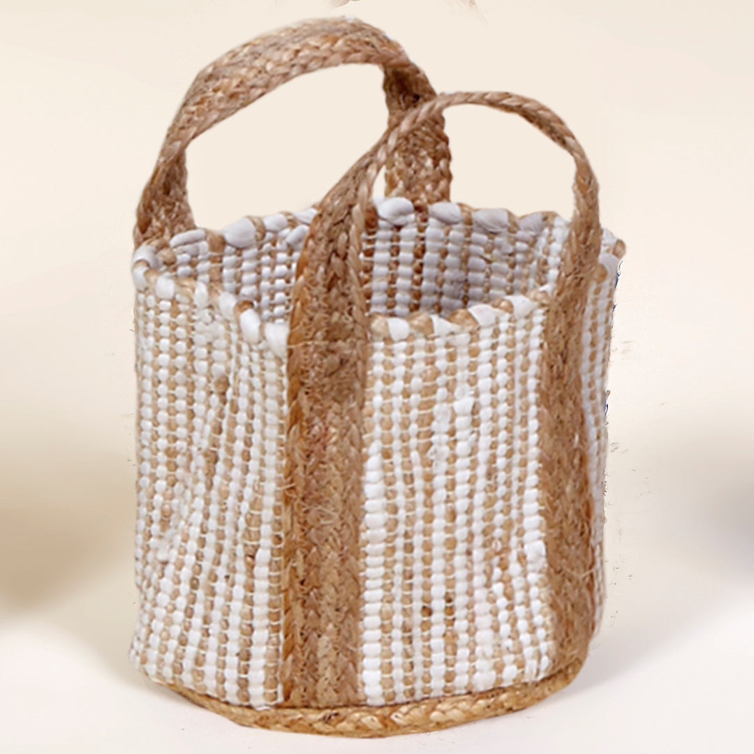 Cesta macetero Mediterráneo en algodón y asas de yute en color azul índigo y blanco