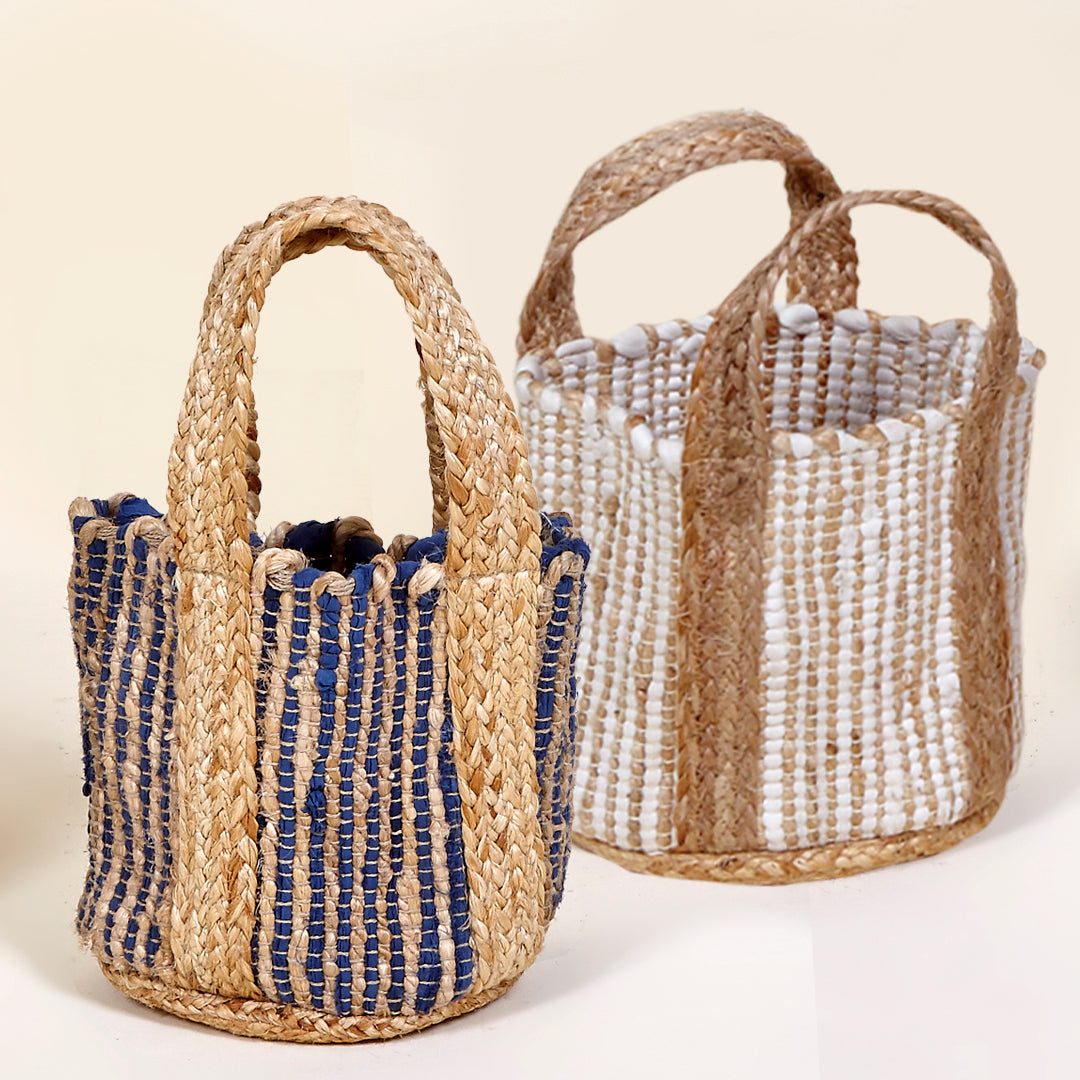 Cesta macetero Mediterráneo en algodón y asas de yute en color azul índigo y blanco