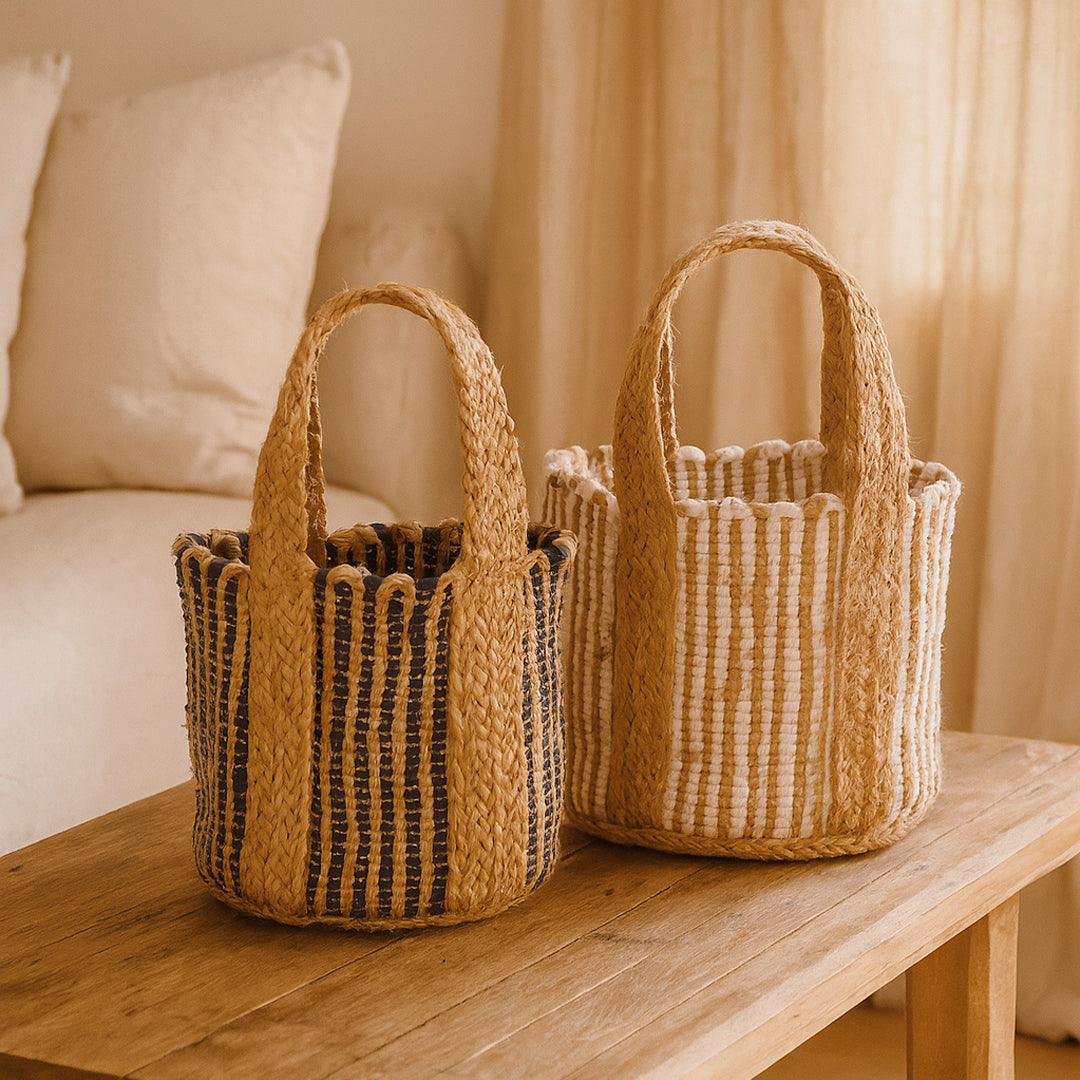 Cesta macetero Mediterráneo en algodón y asas de yute en color azul índigo y blanco