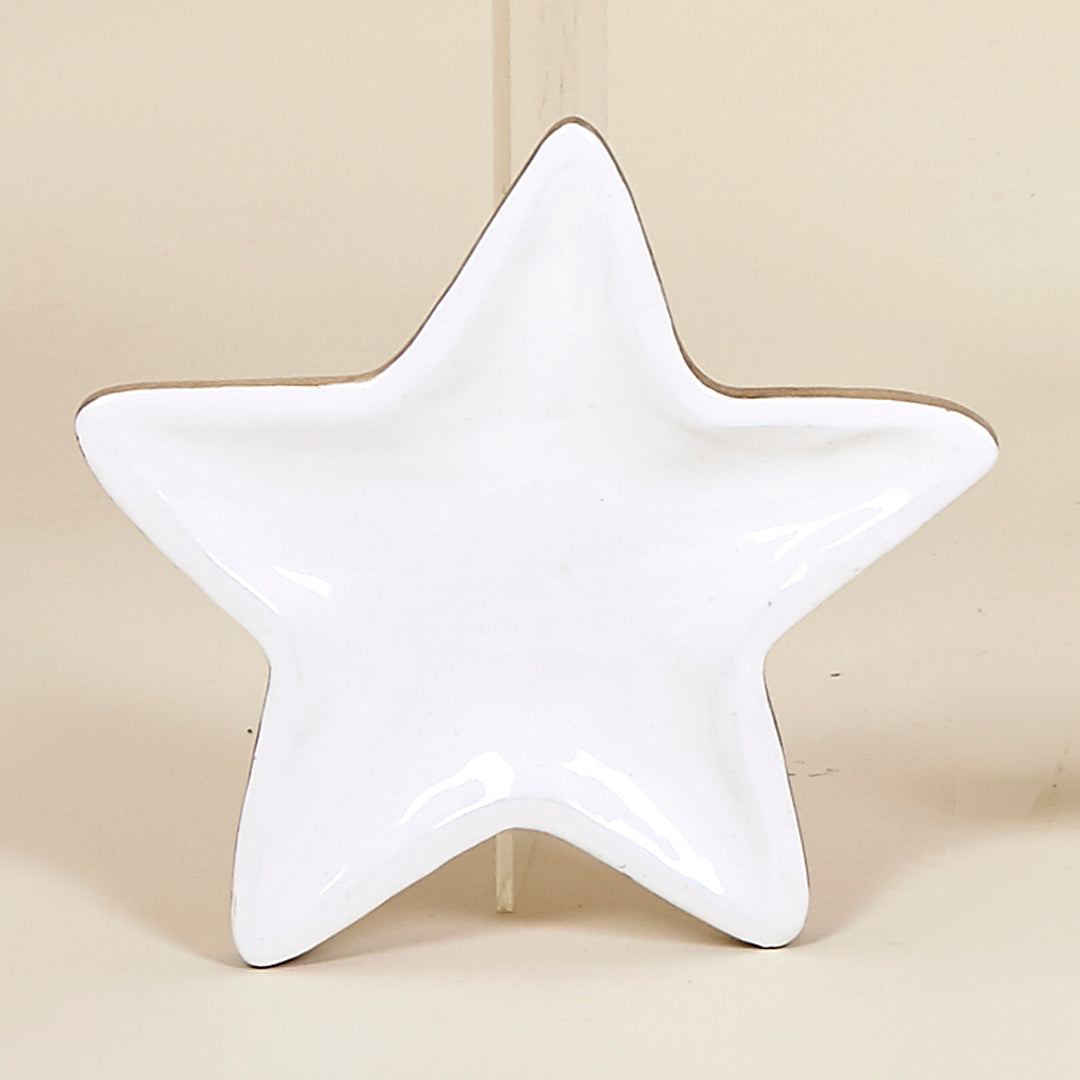 Bandeja estrella de madera de mango con base esmaltada blanca