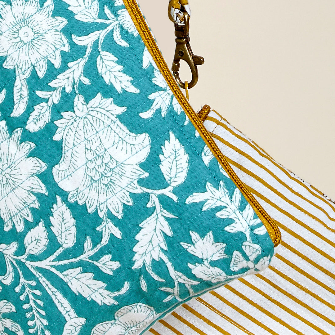 Neceser pochette Rimini flores y rayas de algodón en color turquesa y mostaza