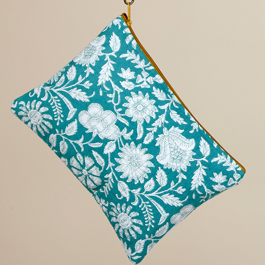 Neceser pochette Rimini flores y rayas de algodón en color turquesa y mostaza