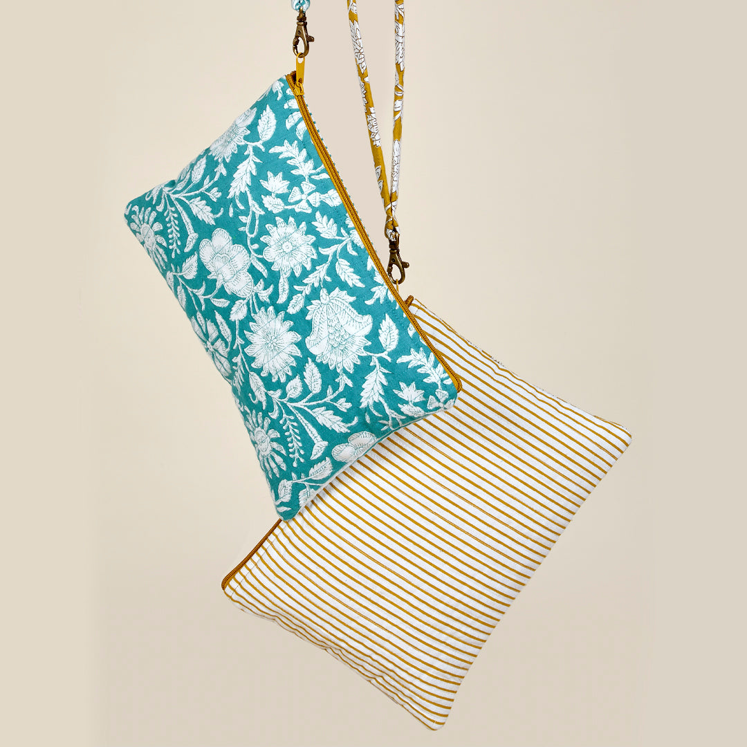 Neceser pochette Rimini flores y rayas de algodón en color turquesa y mostaza