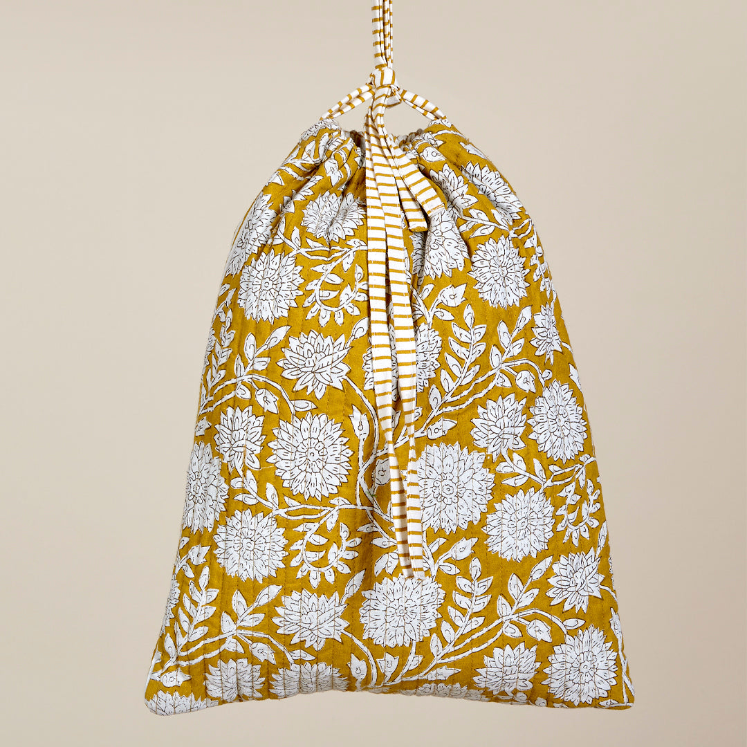 Bolsa Rimini flores y rayas de algodón en color turquesa y mostaza