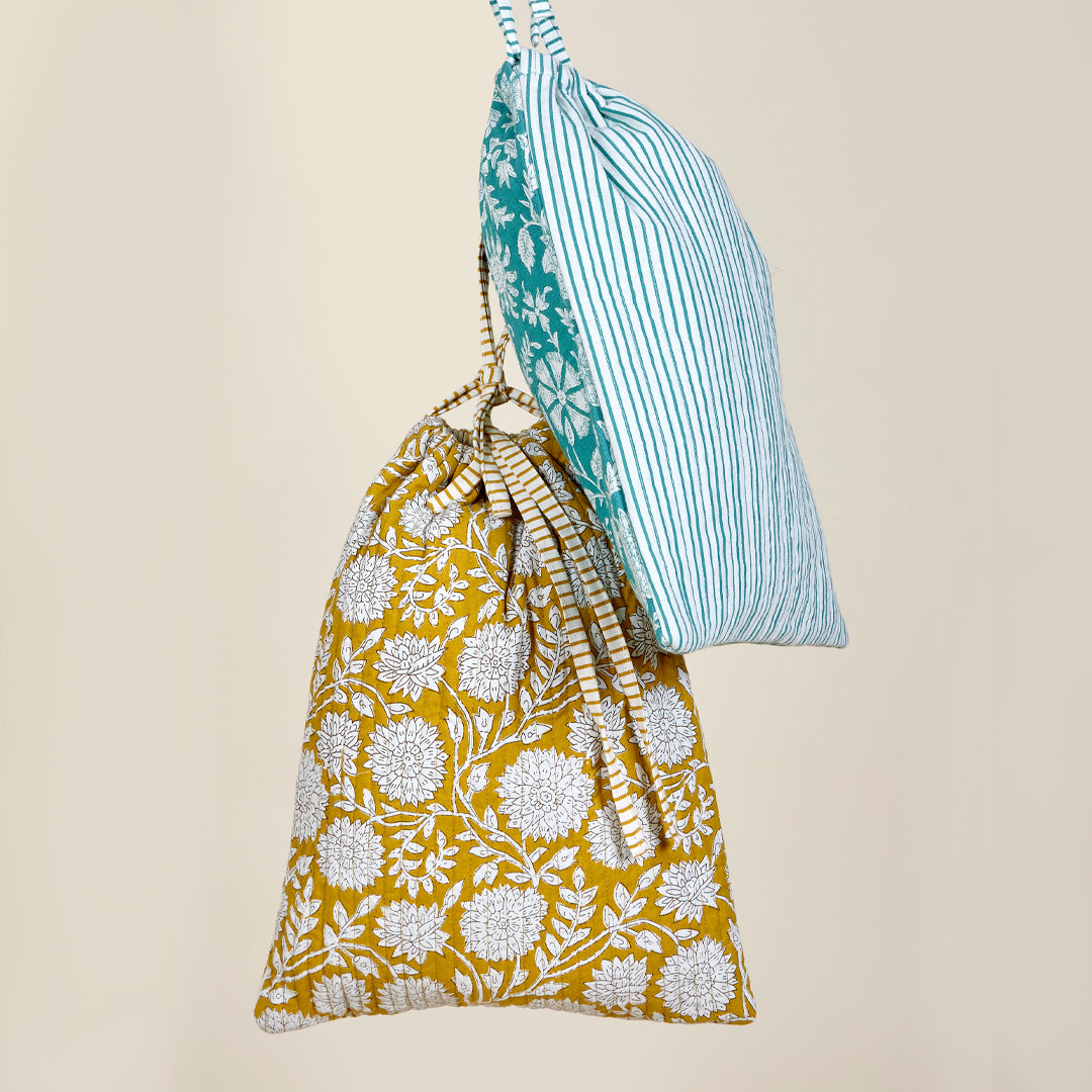 Bolsa Rimini flores y rayas de algodón en color turquesa y mostaza