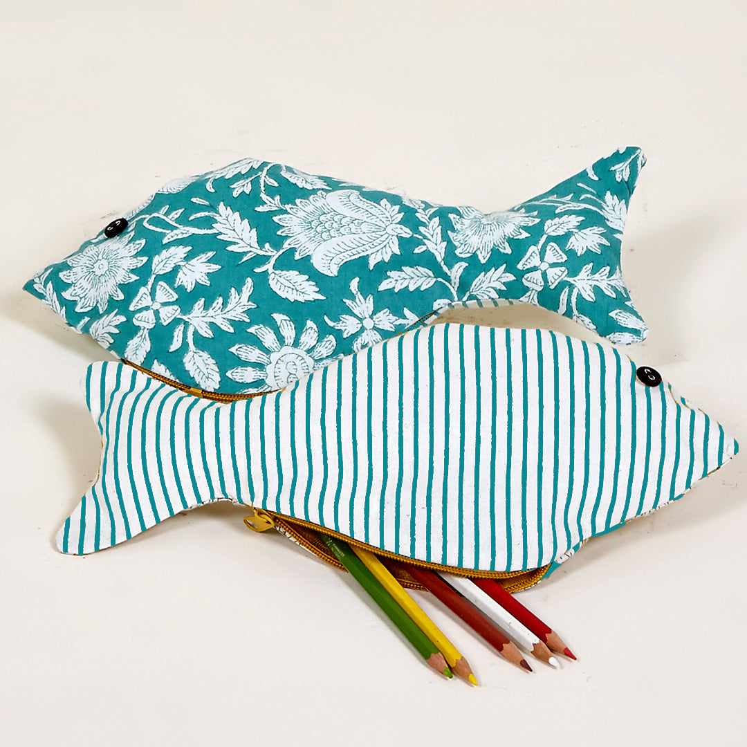 Estuche o neceser pez Rimini flores y rayas de algodón en color turquesa y mostaza
