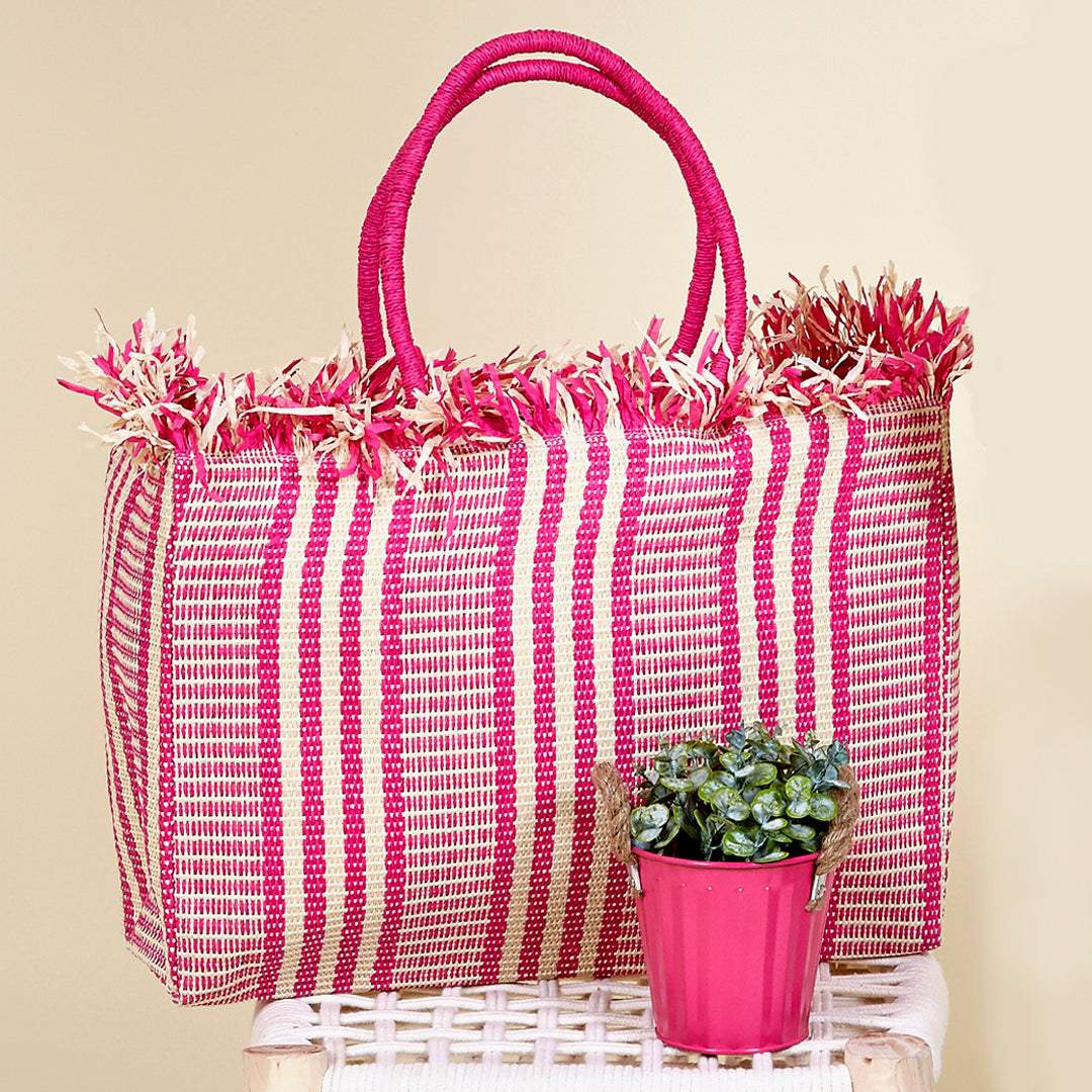 Bolsa Cala Rosa  de paja de papel en color turquesa y rosa