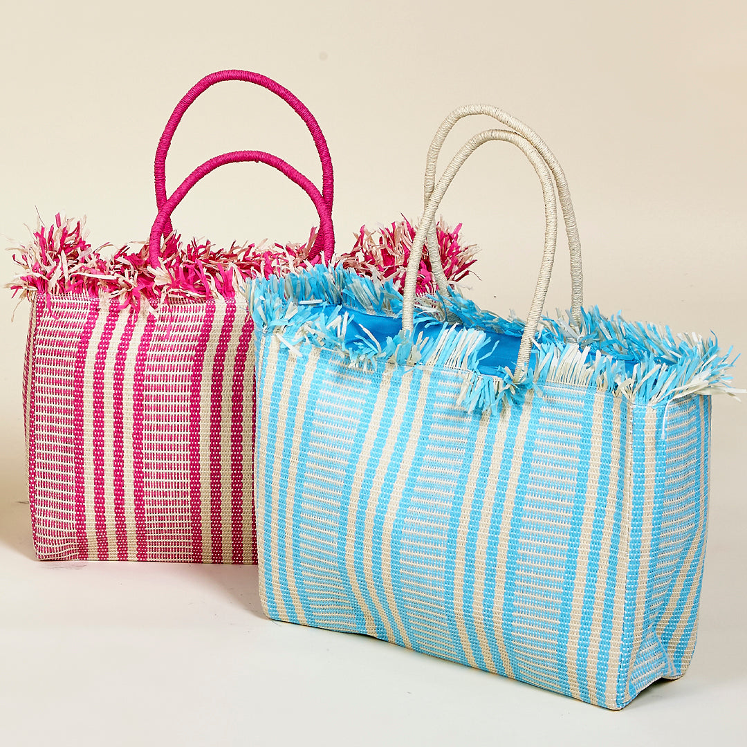 Bolsa Cala Rosa  de paja de papel en color turquesa y rosa