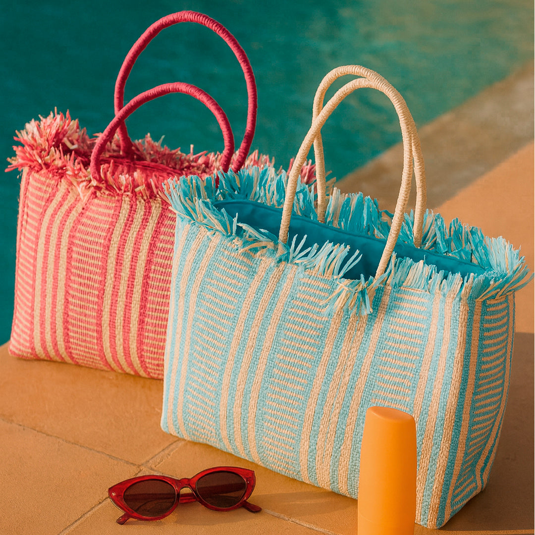 Bolsa Cala Rosa  de paja de papel en color turquesa y rosa