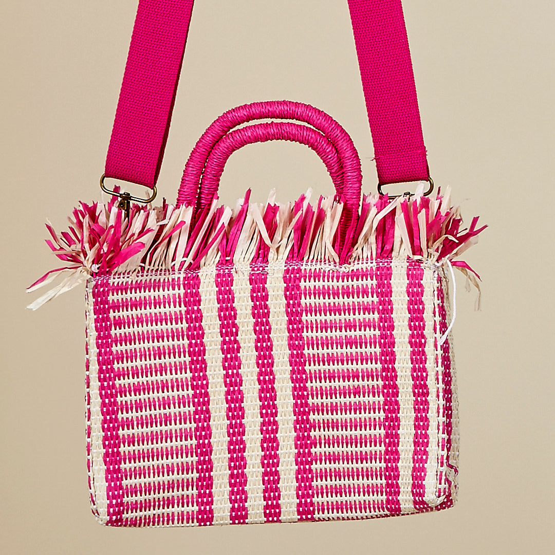 Bolso Cala Rosa de paja de papel con asa regulable en turquesa y rosa