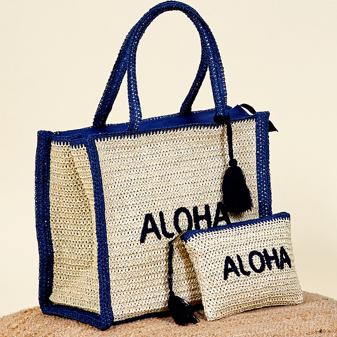 Bolsa playa Aloha hecho con paja de papel en color azul Bora Bora y azul Océano