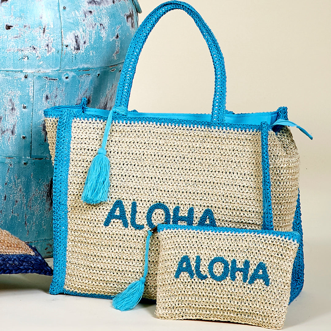 Bolsa playa Aloha hecho con paja de papel en color azul Bora Bora y azul Océano