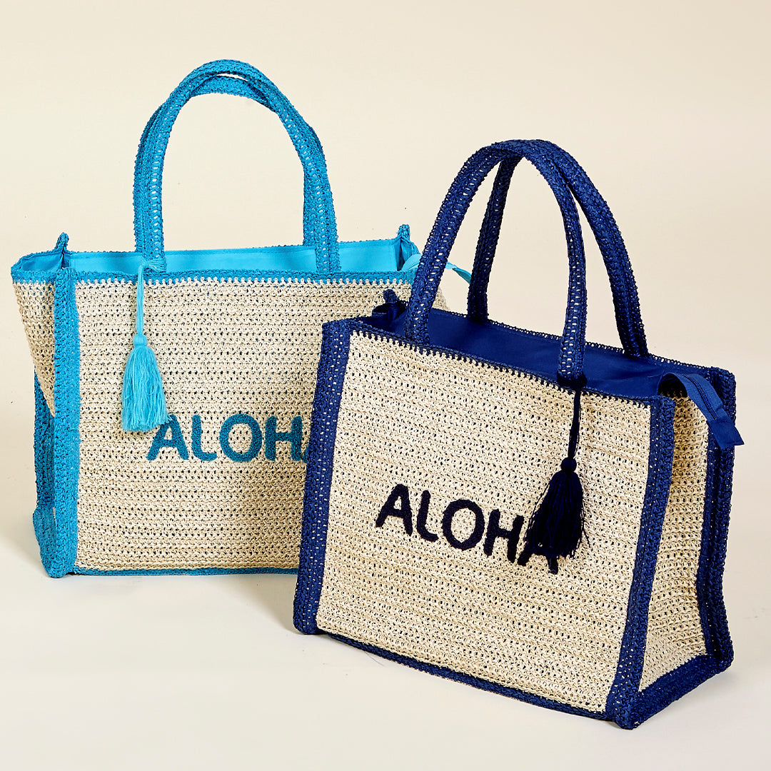Bolsa playa Aloha hecho con paja de papel en color azul Bora Bora y azul Océano