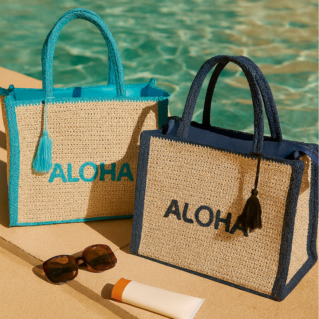 Bolsa playa Aloha hecho con paja de papel en color azul Bora Bora y azul Océano