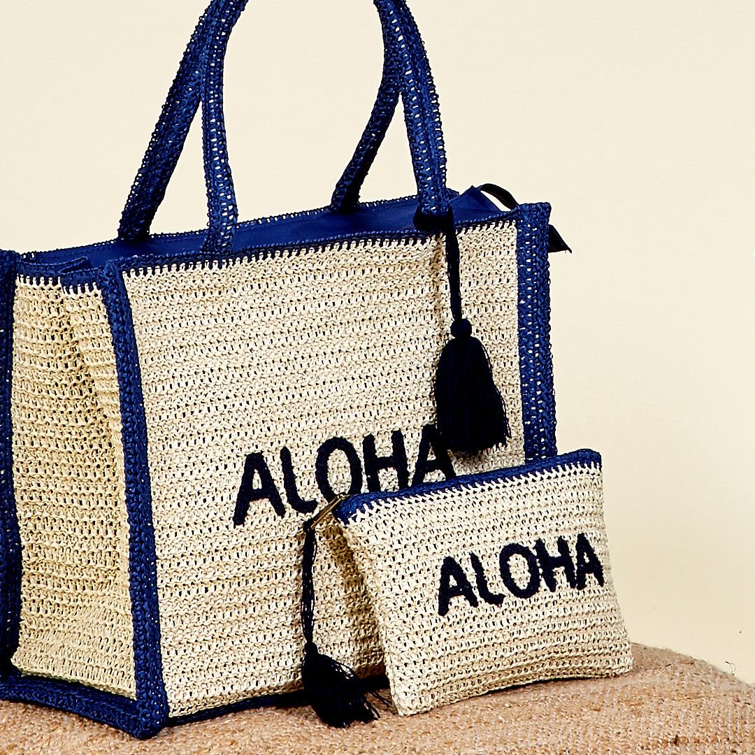 Neceser playa Aloha hecho con paja de papel en color azul Bora Bora y azul Océano