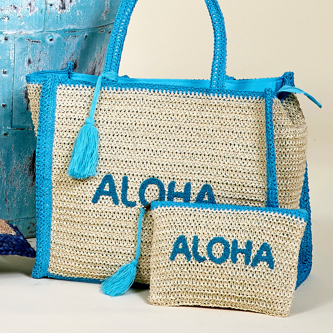 Neceser playa Aloha hecho con paja de papel en color azul Bora Bora y azul Océano