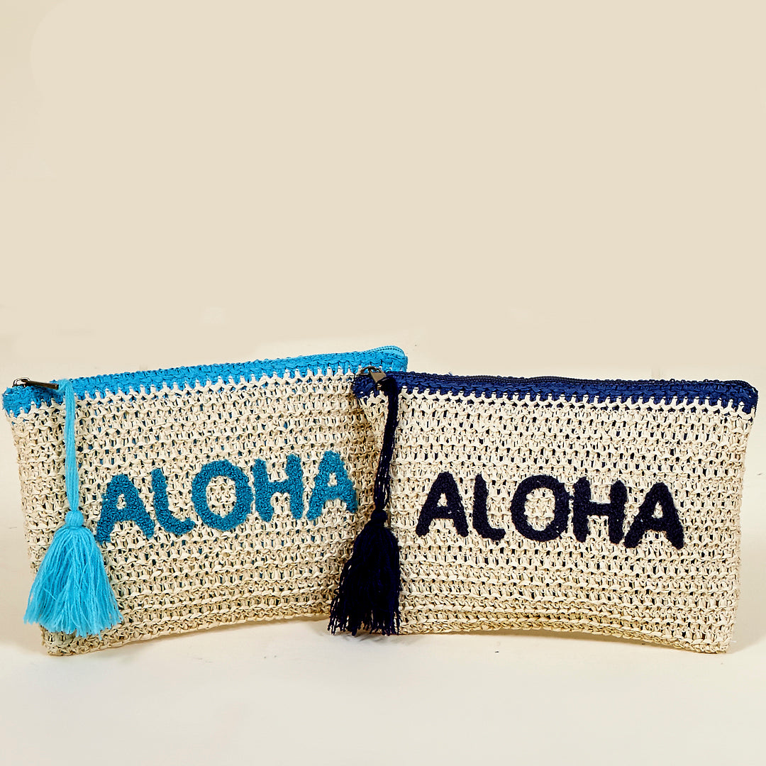Neceser playa Aloha hecho con paja de papel en color azul Bora Bora y azul Océano