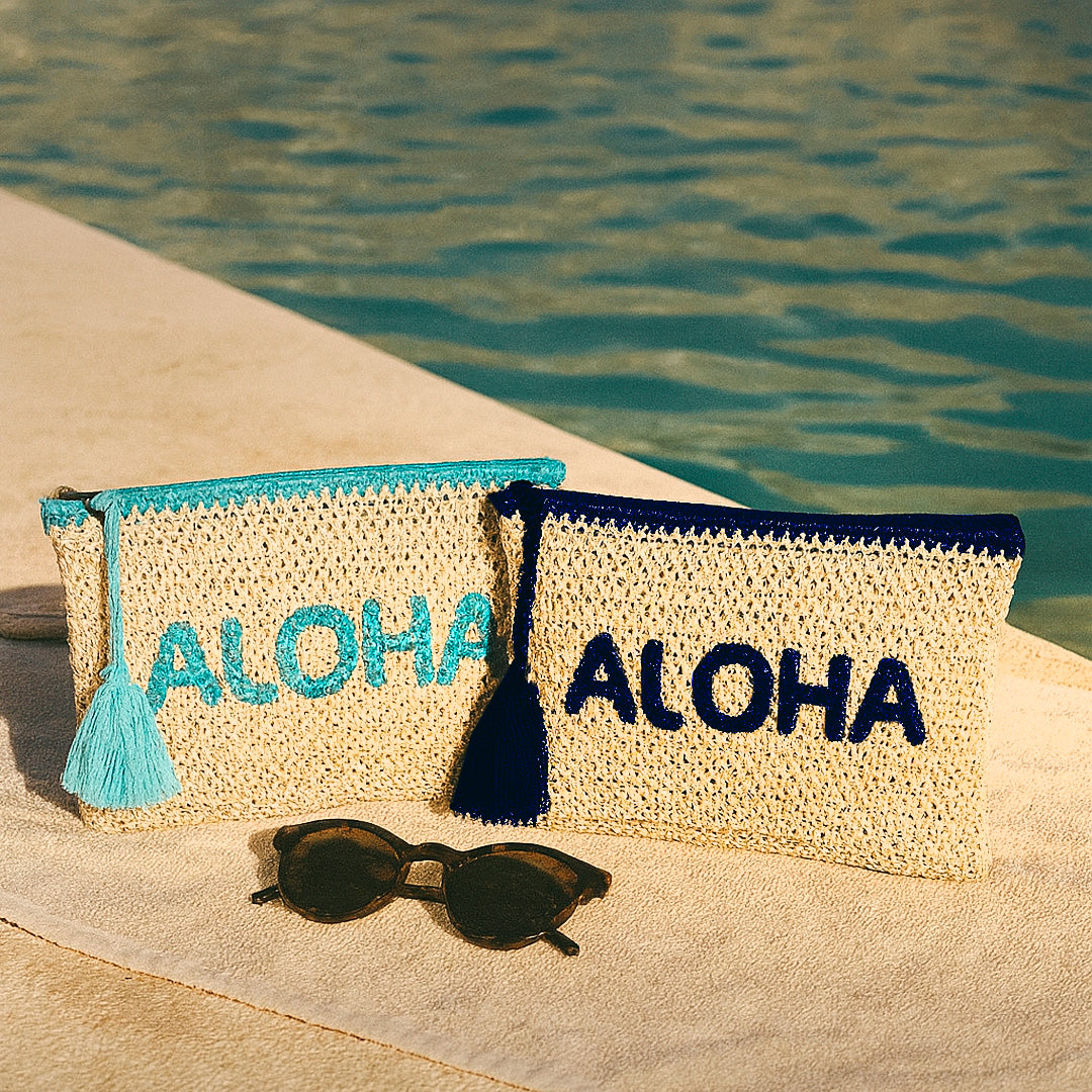 Neceser playa Aloha hecho con paja de papel en color azul Bora Bora y azul Océano