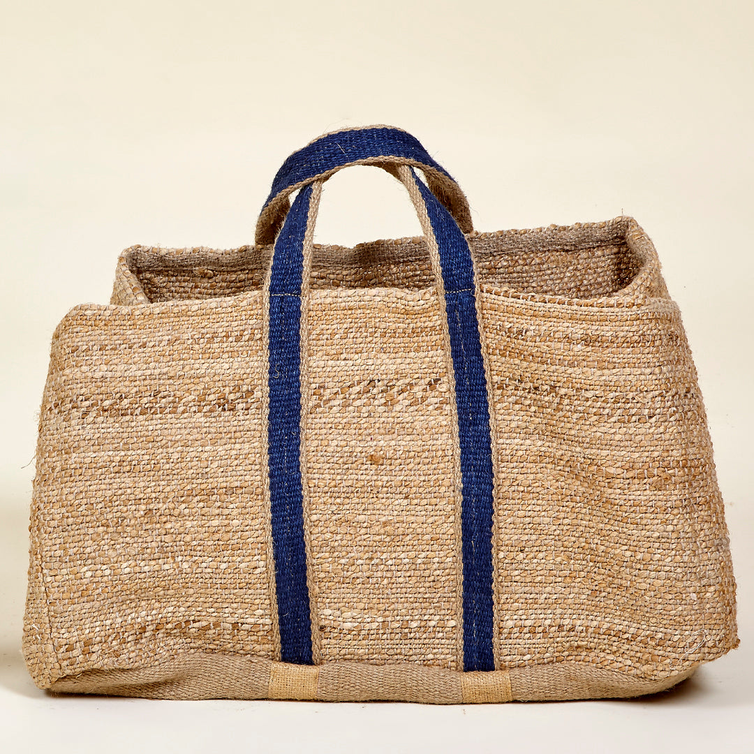 Cesta Maxi Portofino de yute natural con asas azules 60 x 35 x 34 cm
