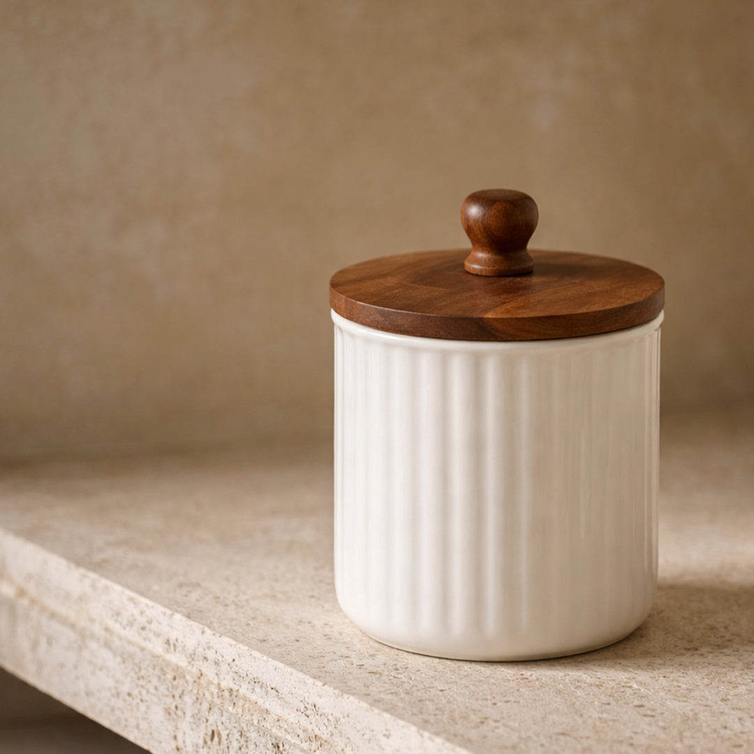 Caja Aura de metal blanco con tapa de madera natural decorativa