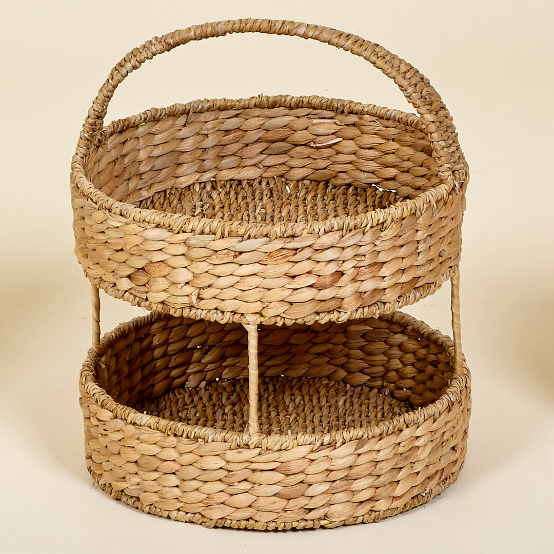 Cesta Bali de dos niveles en fibra natural con asa artesanal