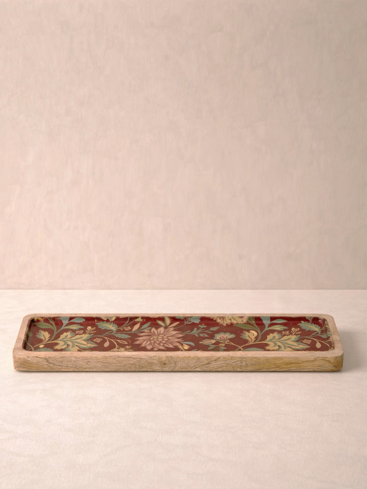 Bandeja Alargada de Madera de Mango 40x10 cm | Bandeja Decorativa Floral Burgundy