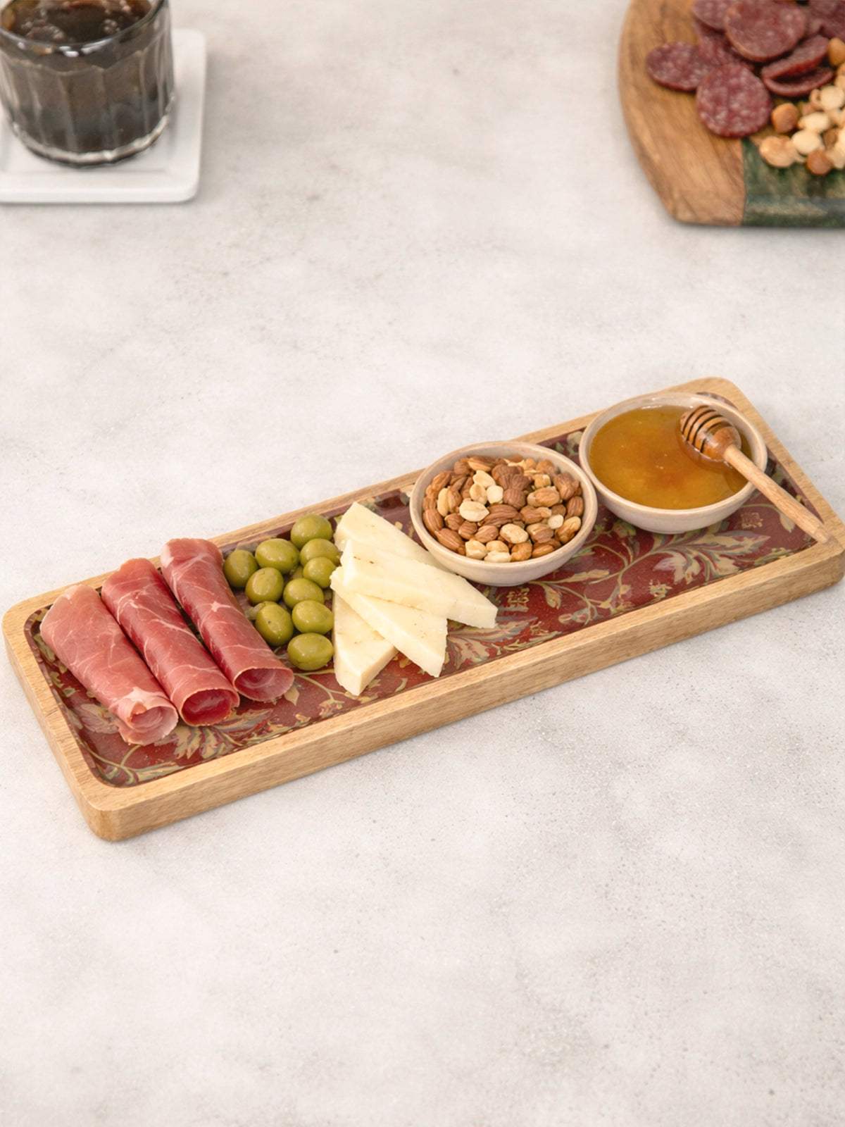 Bandeja Alargada de Madera de Mango 40x10 cm | Bandeja Decorativa Floral Burgundy