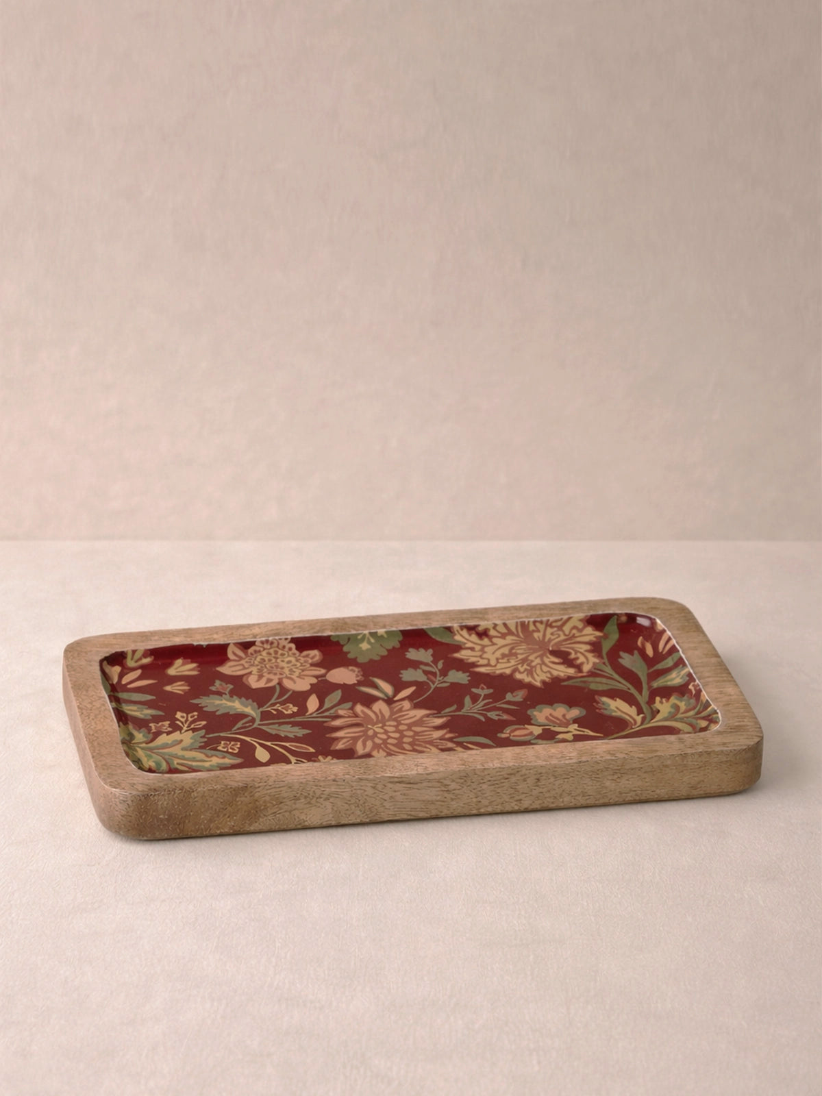 Bandeja Pequeña de Madera de Mango 20x10 cm | Bandeja Decorativa Floral Burgundy