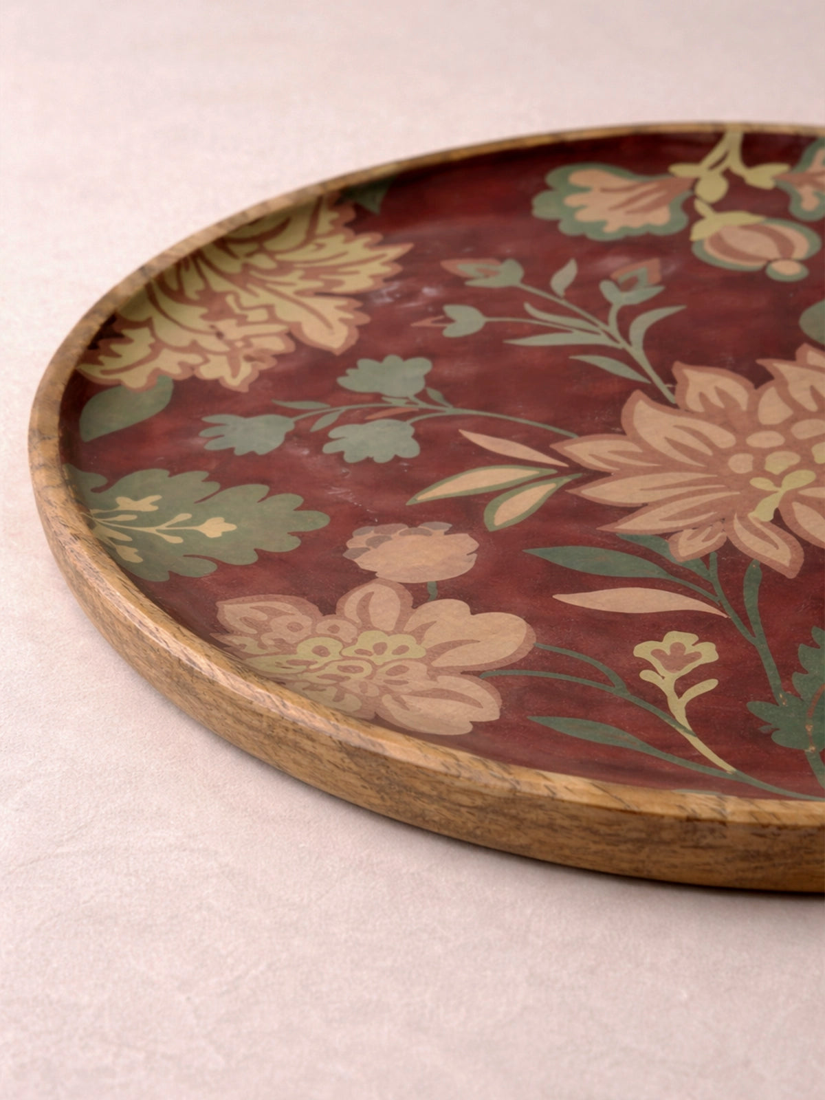 Bandeja Decorativa Floral Burgundy de Madera de Mango | Bandeja Redonda para Servir y Decorar