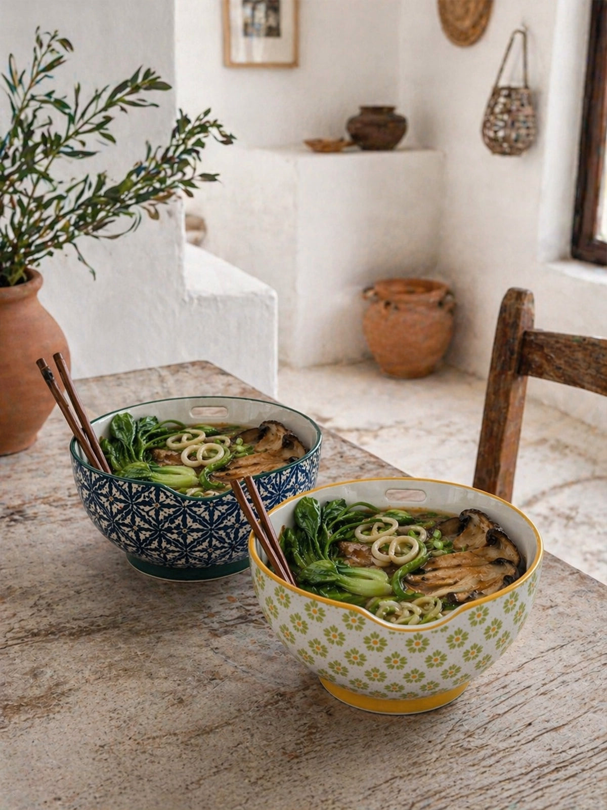 Bol de Sopa Miso de Set de bol de porcelana con Palillos de Bambú | Cuenco Japonés para Ramen y Noodles en Azul o Amarillo