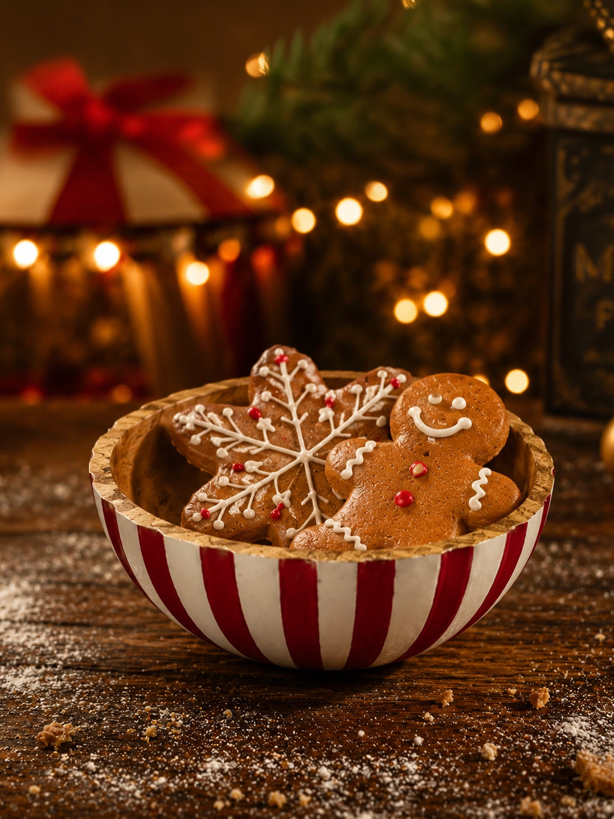 Bol Navideño de Madera de Mango con Rayas Rojas y Blancas – Ø22,5 cm