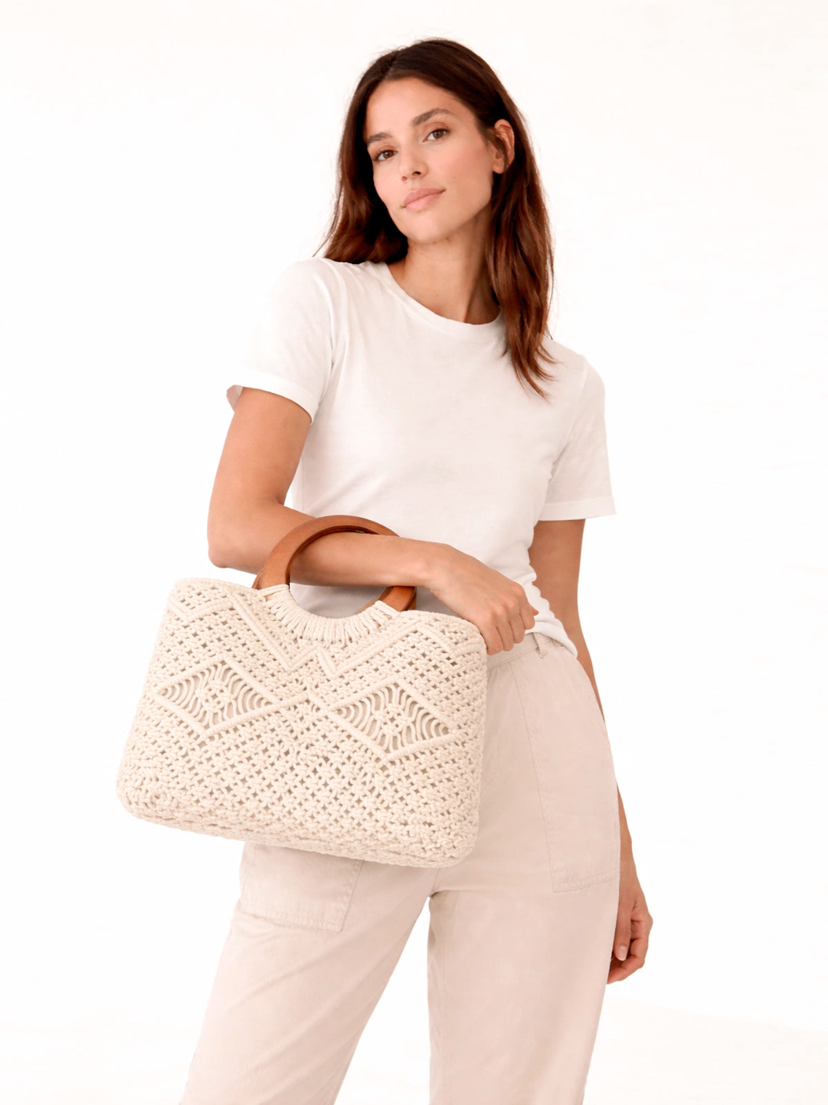 Bolso Nara crochet artesanal con asas de madera — bolso hecho a mano