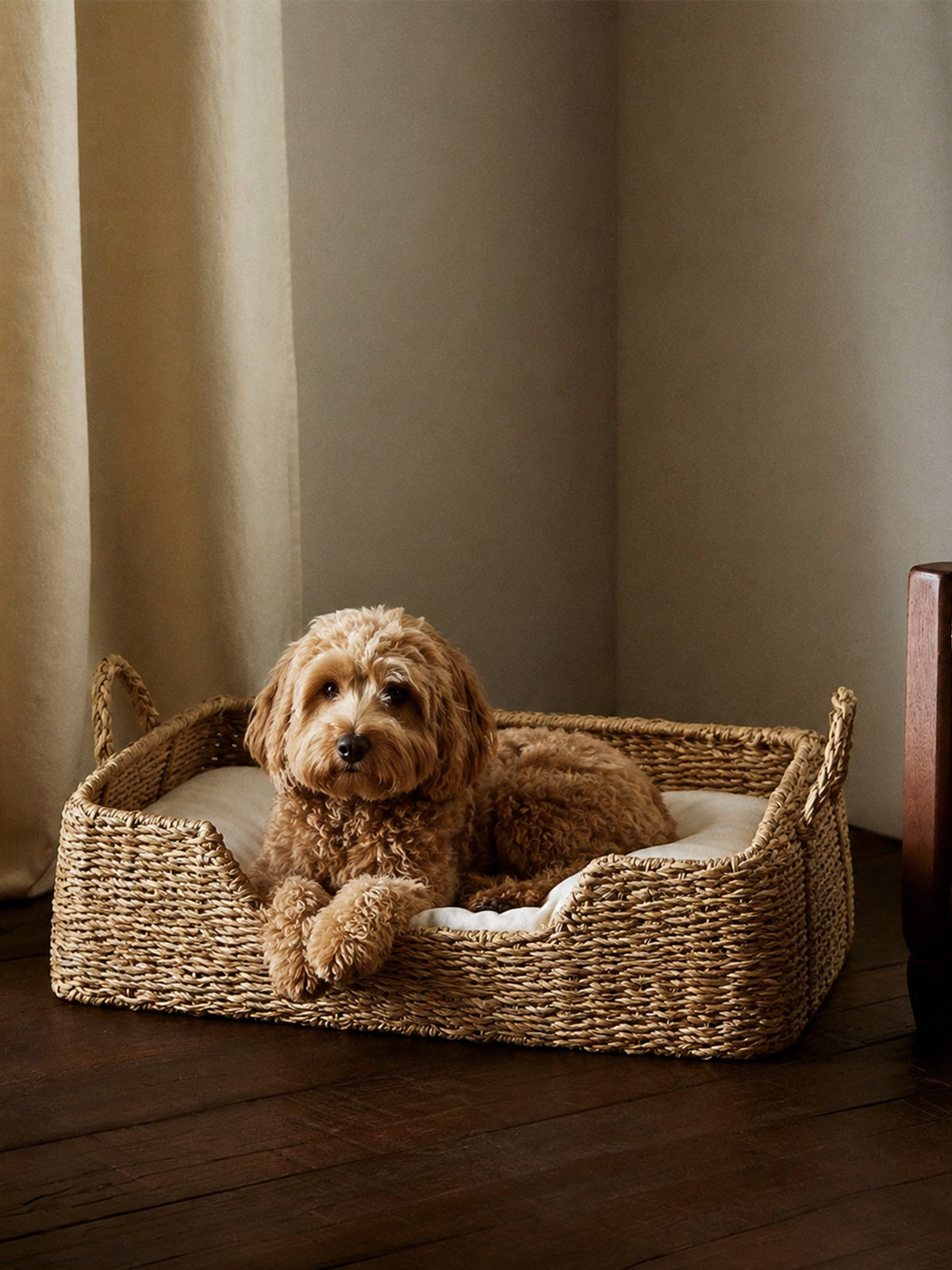 Cama para mascota rectangular de fibra natural con asas 60x45x15 cm