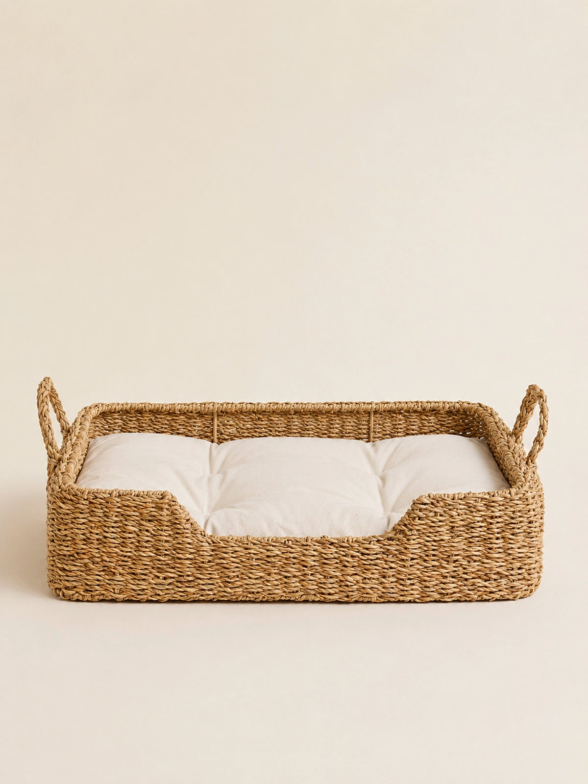 Cama para mascota rectangular de fibra natural con asas 60x45x15 cm