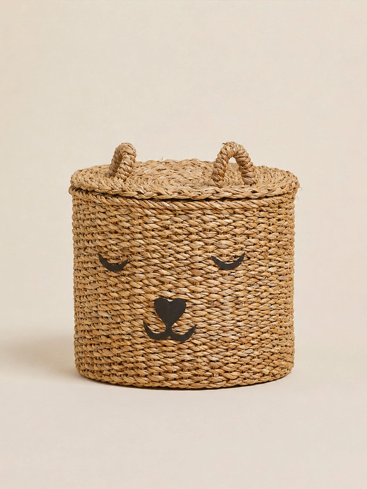 Cesta Oso con tapa y asas de fibra natural Ø25 x H24 cm
