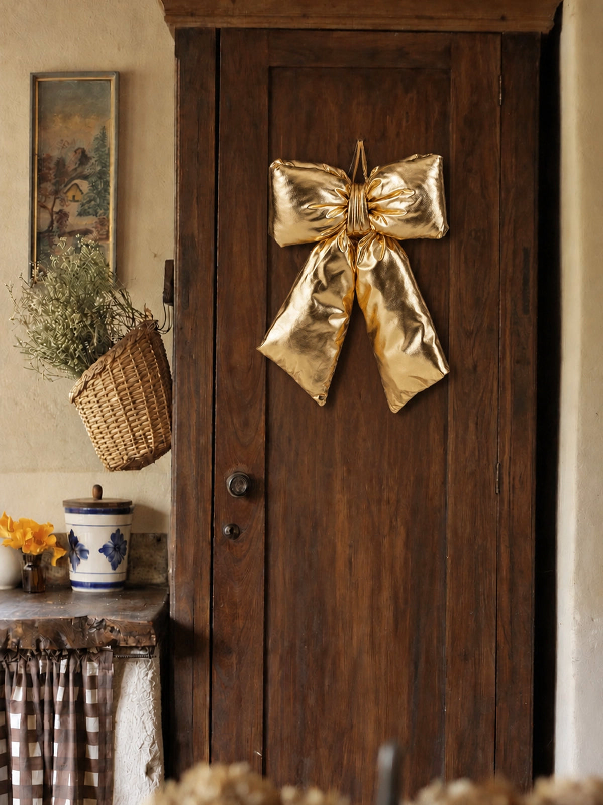 Lazo Navideño Colgante Acolchado Dorado – 28 × 28 cm