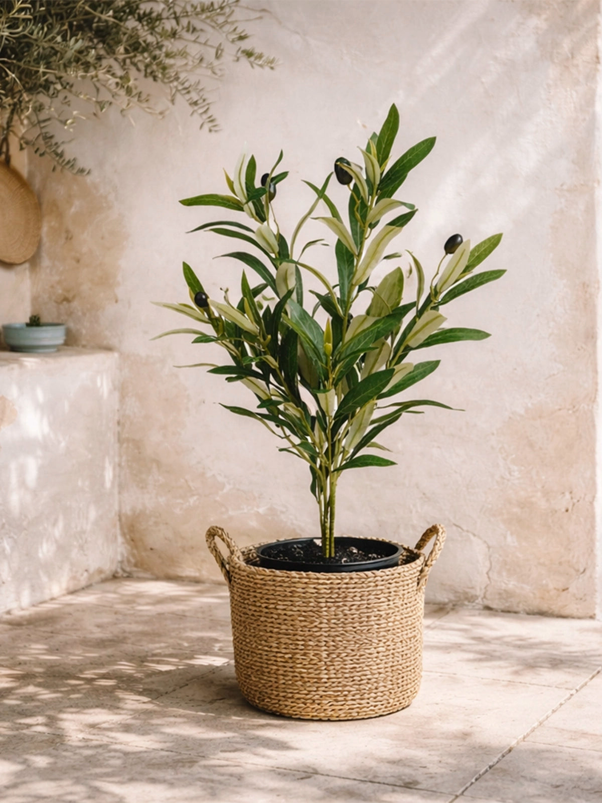 Mini olivo artificial en maceta — decoración mediterránea natural