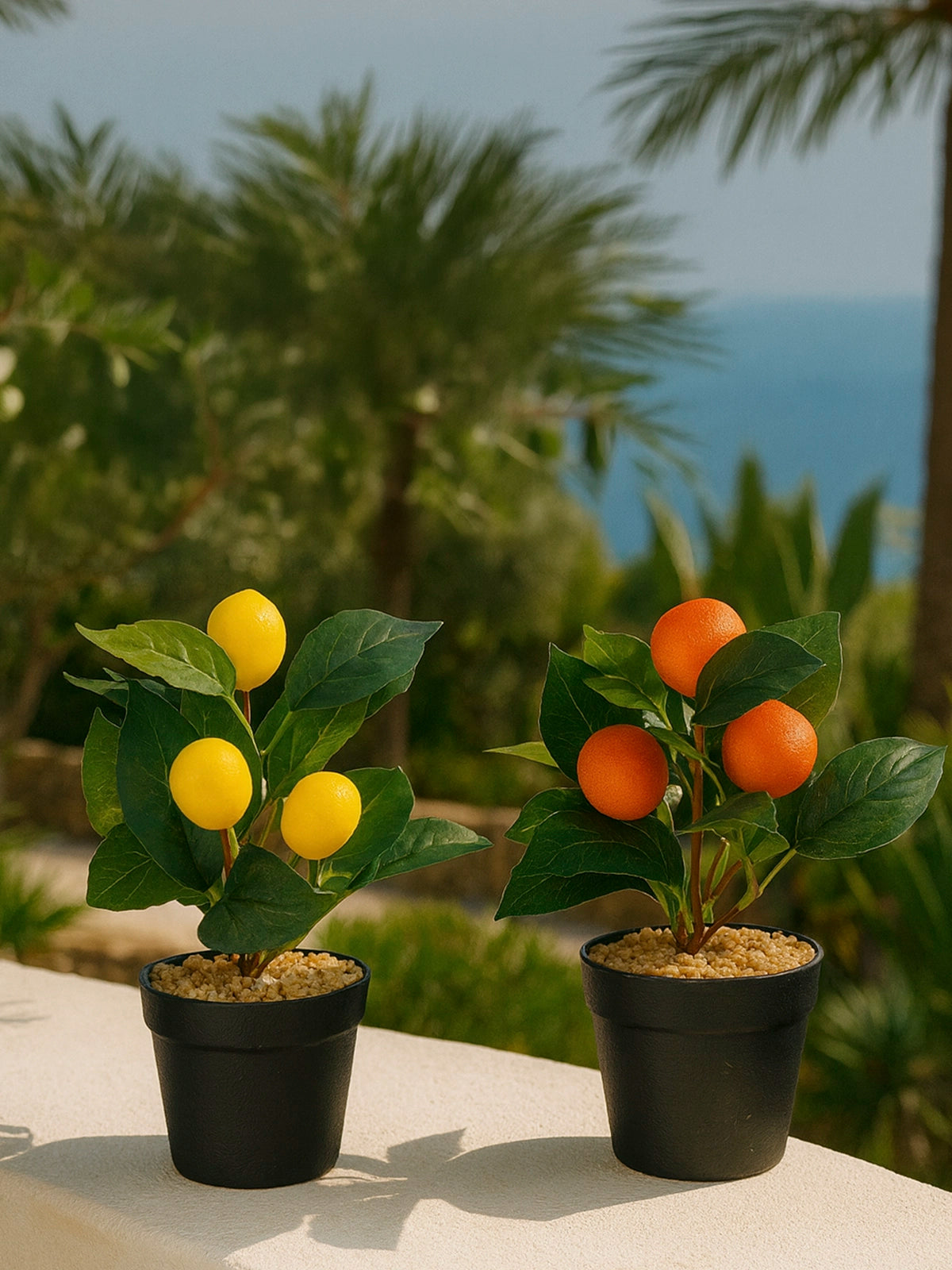 Mini plantas artificiales limón y naranja — decoración mediterránea