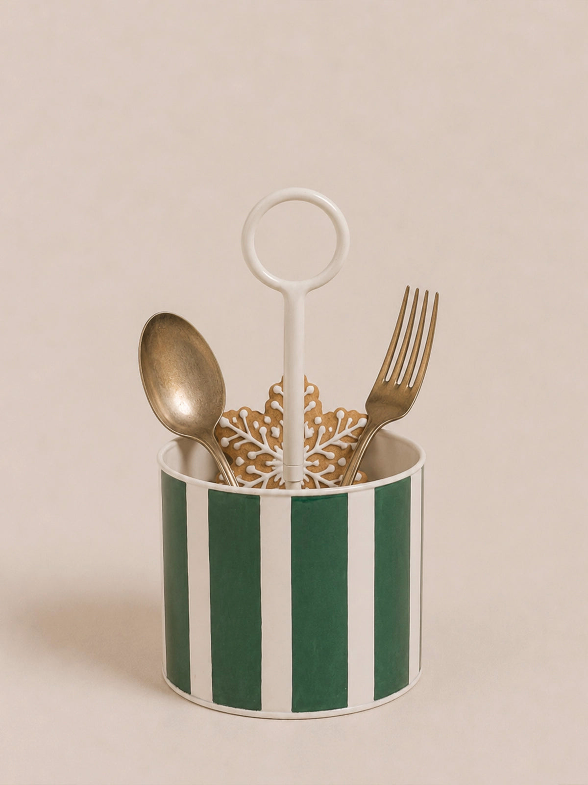 Organizador de Cubiertos de Metal con Rayas Verde Inglés y Blanco – 15,5 × 33 cm