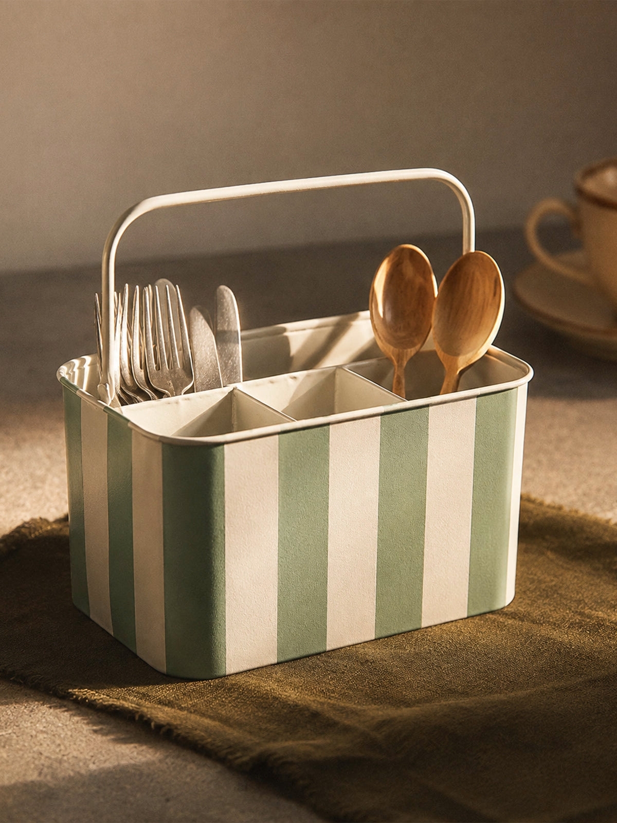 Organizador de Cubiertos de Metal con Rayas Verde Agua y Blanco – 23 × 16 × 14 cm